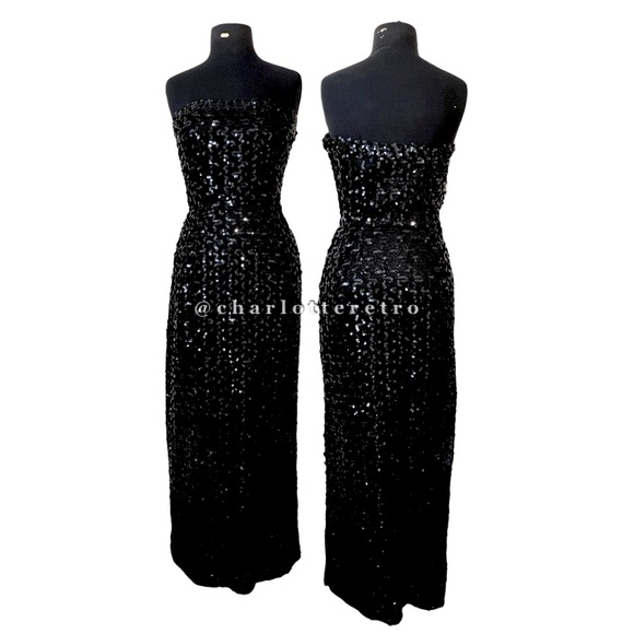 vtg Strapless Sequin Wiggle Dress w Thigh Split - Picture 2 of 12